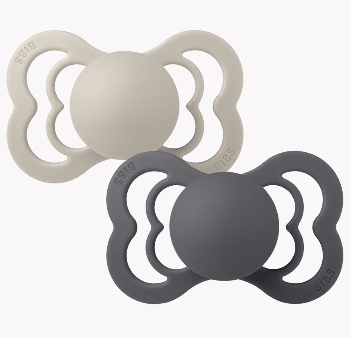 BIBS Supreme Baby Pacifier 2-Pack | Sand/Iron| Symmetrical Nipple. Silicone, Size 1 (0-6 Months)