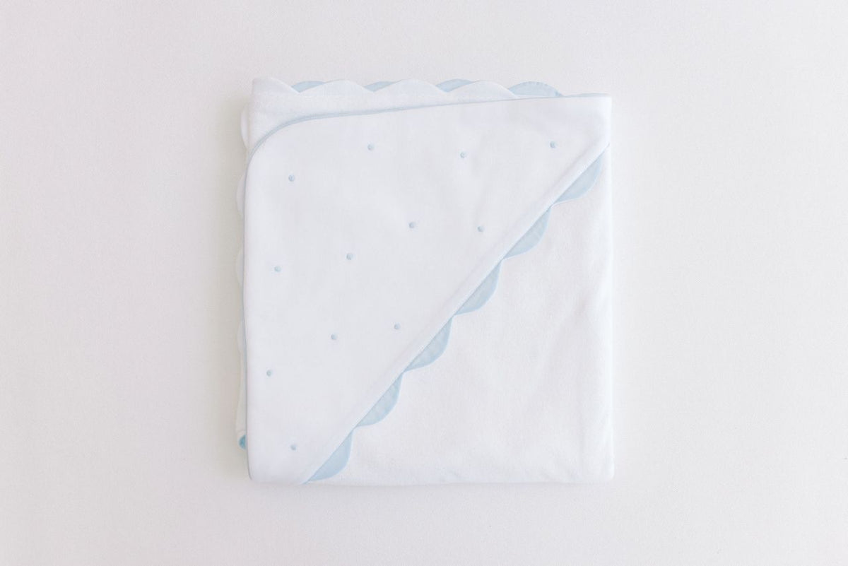 Terry Tots Hooded Towel in White with Blue Embroidered Dots