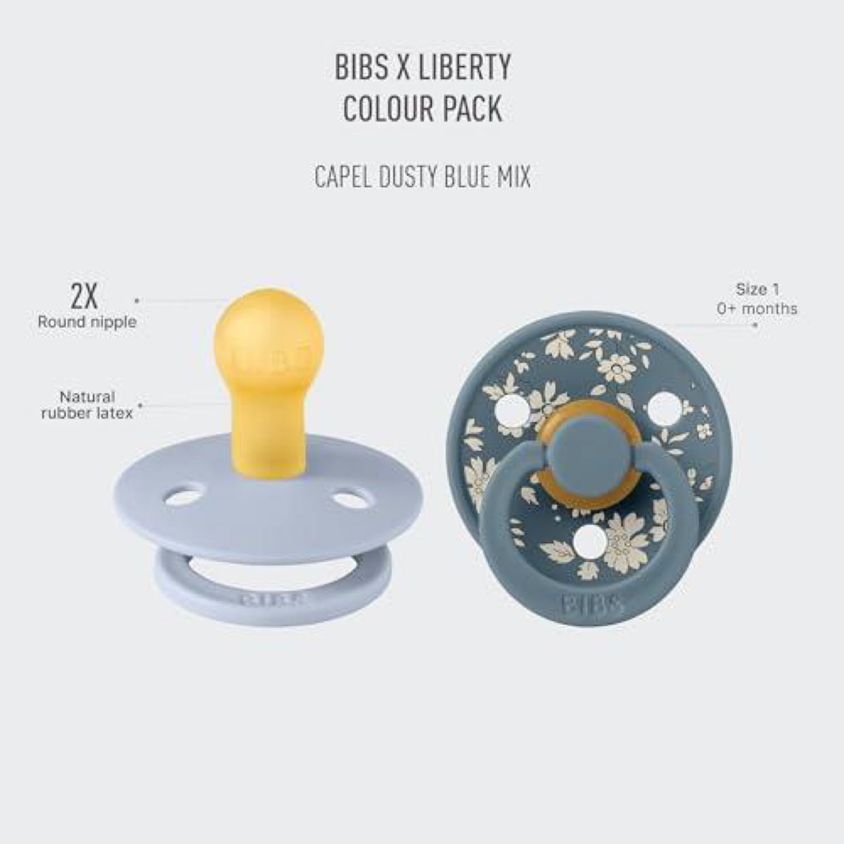 Bibs Liberty Pacifier | 2 Colour Natural Rubber Latex Soothers | Round Nipple | Capel Dusty Blue