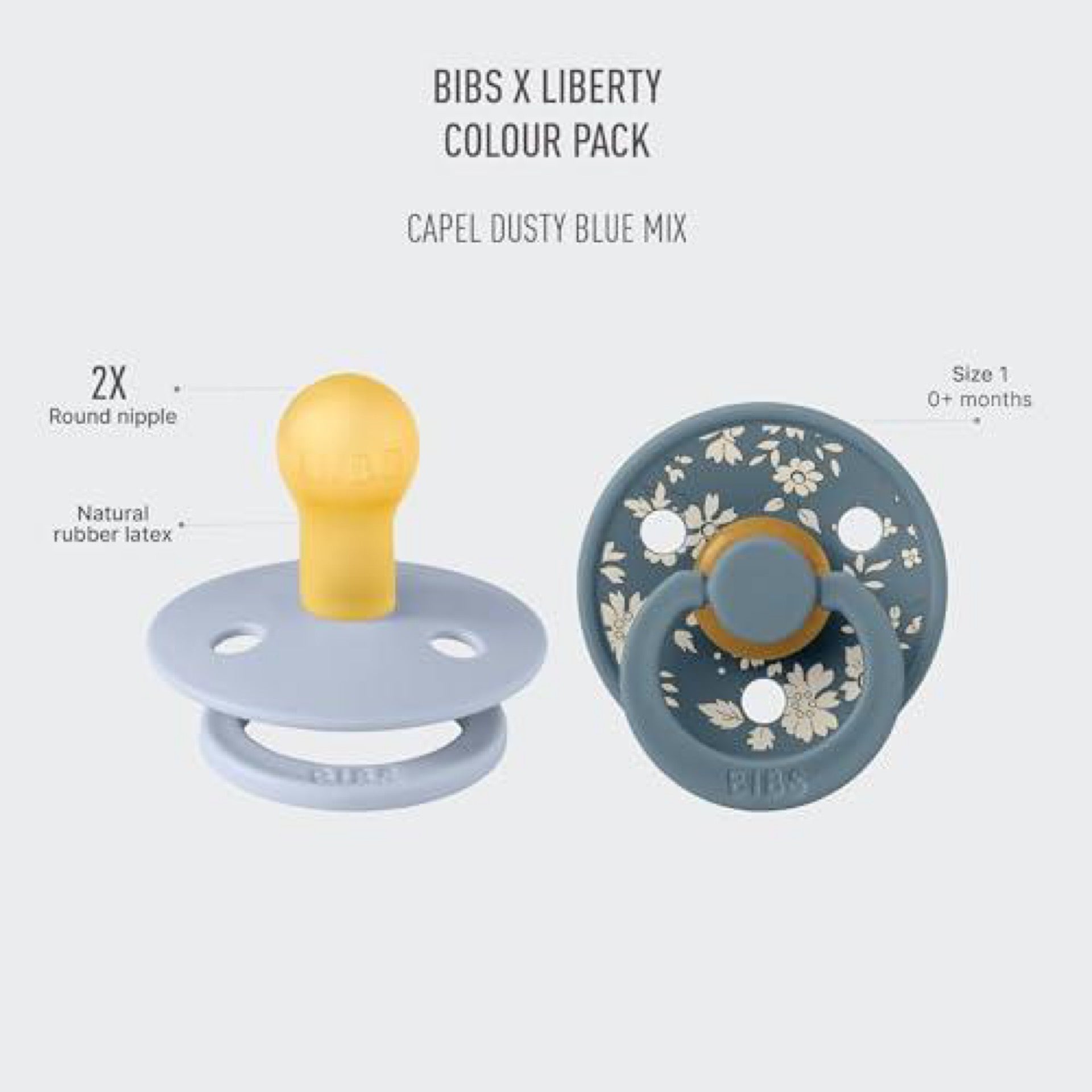 Bibs Liberty Pacifier | 2 Colour Natural Rubber Latex Soothers | Round Nipple | Capel Dusty Blue