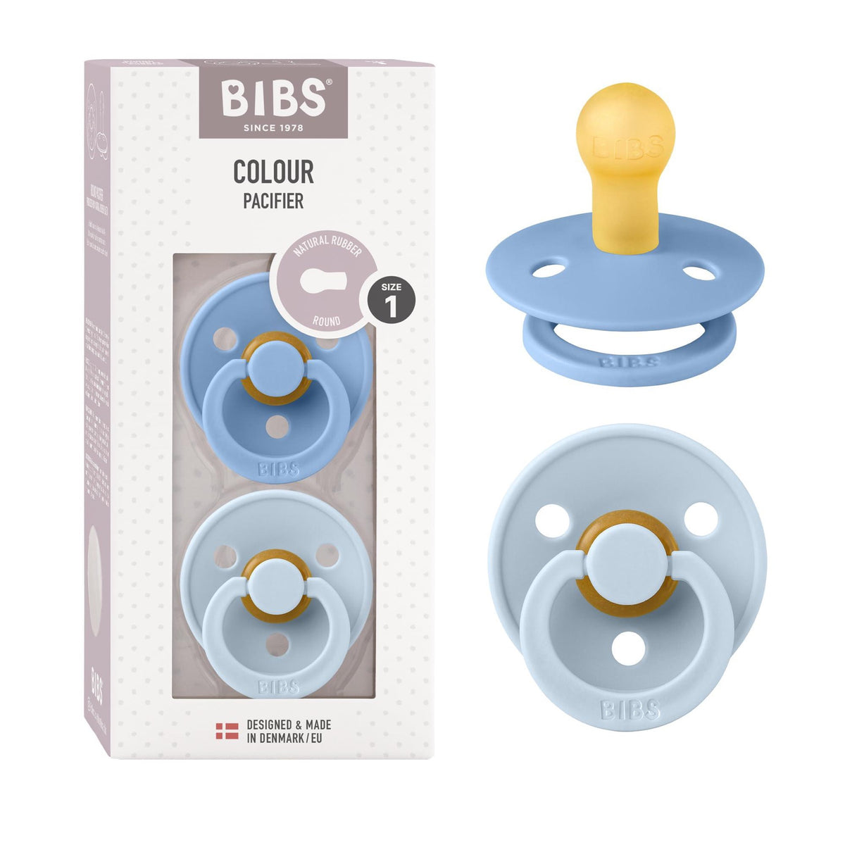 Bibs Colour Soother 2-Pack, BPA Free Dummy Pacifier, Round Nipple. Natural Rubber Latex, Size 1 (0-6 Months)