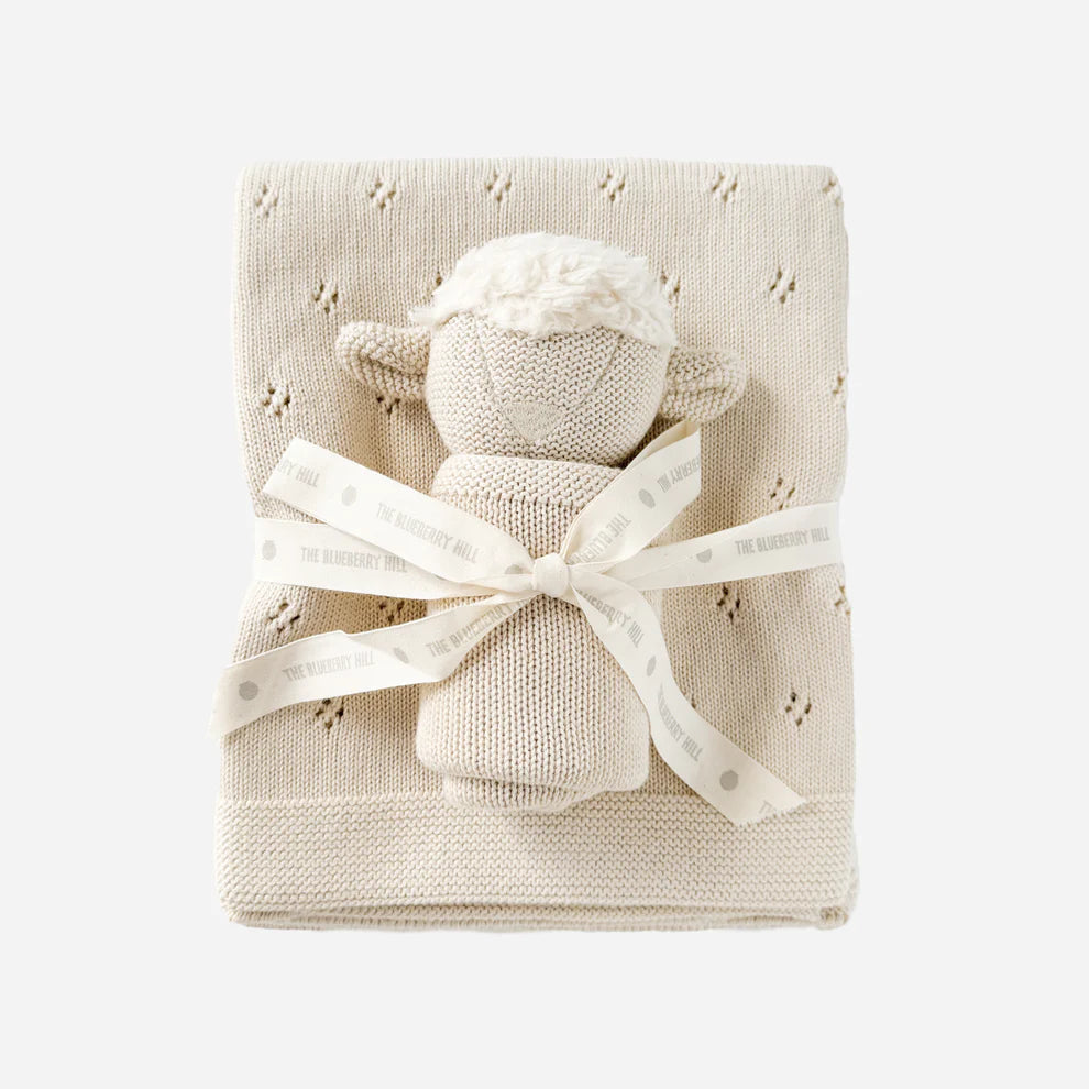 The Blueberry Hill Heirloom Pique Blanket & Lamb Lovey Gift Set, Cream | Organic Cotton